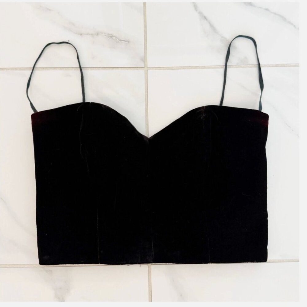 Vtg CLINE-KOLAREK Black Velvet Corset Spaghetti Strap Bustier Top Small